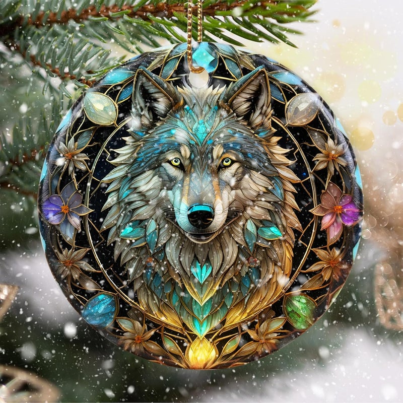 Touber Stained Ceramic Wolf Ornament - Wolf Christmas Ornaments - Christmas Tree Ornaments - Christmas Decorations - Wolf Decor for Office, Room, Home - Holiday Present Ideas - Image 1
